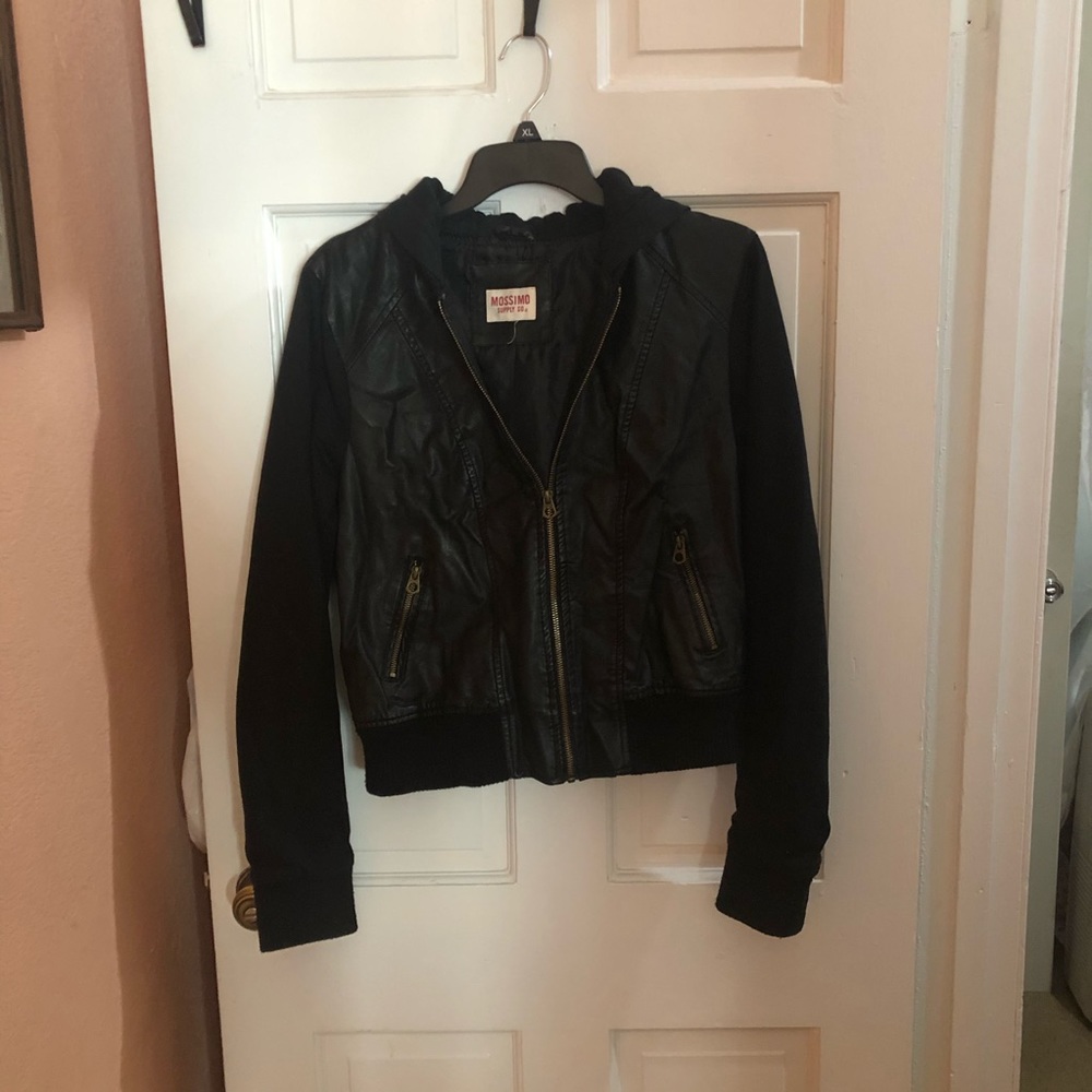 Worn-Leather jacket with sweater sleeves and hood.